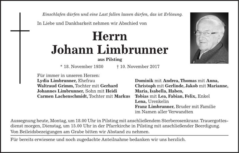 Traueranzeige Johann Limbrunner