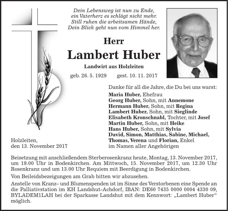 Traueranzeige Lambert Huber