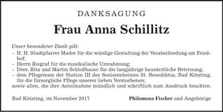 Traueranzeige Anna Schillitz