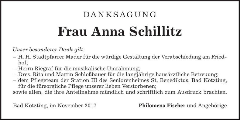 Traueranzeige Anna Schillitz