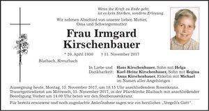 Traueranzeige Irmgard Kirschenbauer