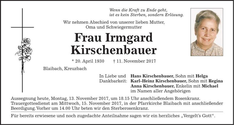 Traueranzeige Irmgard Kirschenbauer