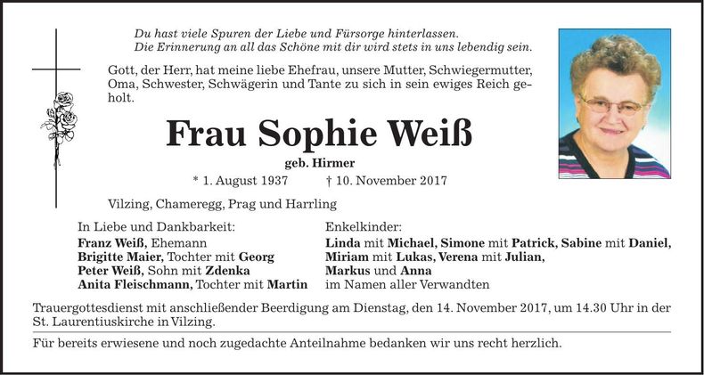 Traueranzeige Sophie Weiß