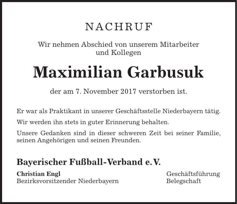 Traueranzeige Maximilian Garbusuk