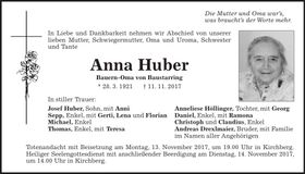 Traueranzeige Anna Huber