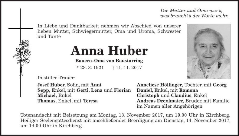 Traueranzeige Anna Huber