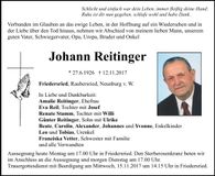 Traueranzeige Johann Reitinger