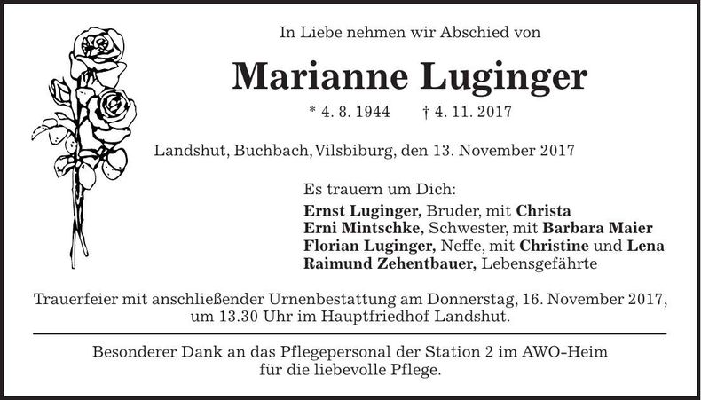 Traueranzeige Marianne Luginger