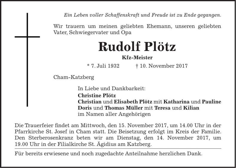 Traueranzeige Rudolf Plötz