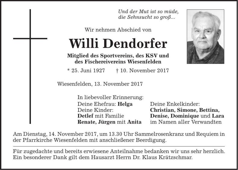 Traueranzeige Willi Dendorfer