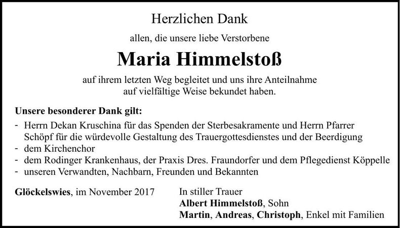Traueranzeige Maria Himmelstoß