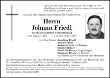 Traueranzeige Johann Friedl
