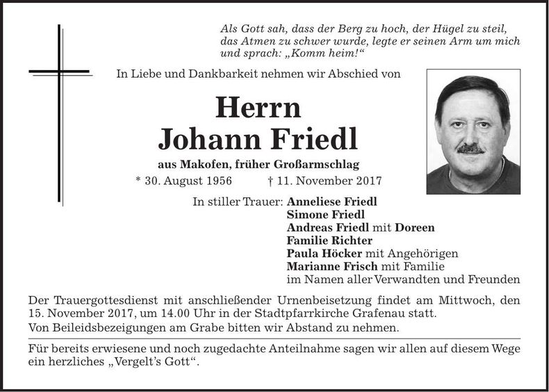 Traueranzeige Johann Friedl