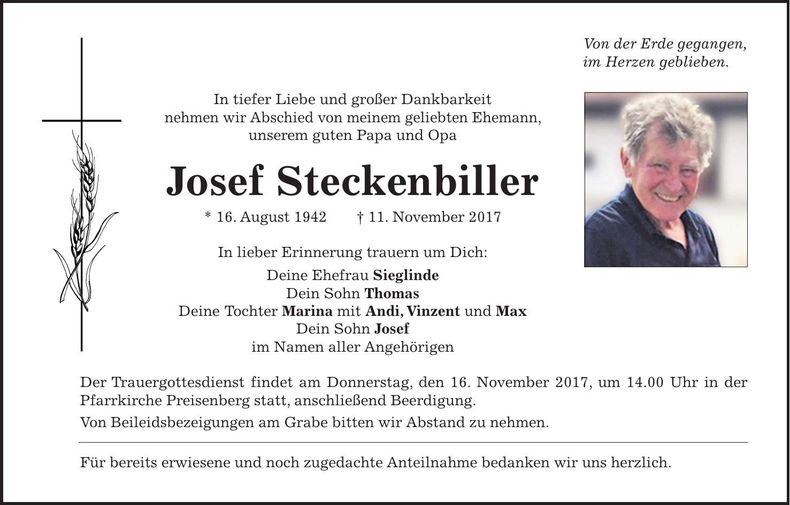 Traueranzeige Josef Steckenbiller