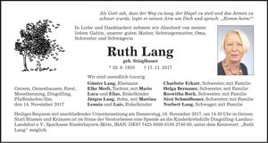 Traueranzeige Ruth Lang