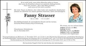 Traueranzeige Fanny Strasser