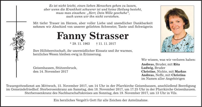 Traueranzeige Fanny Strasser