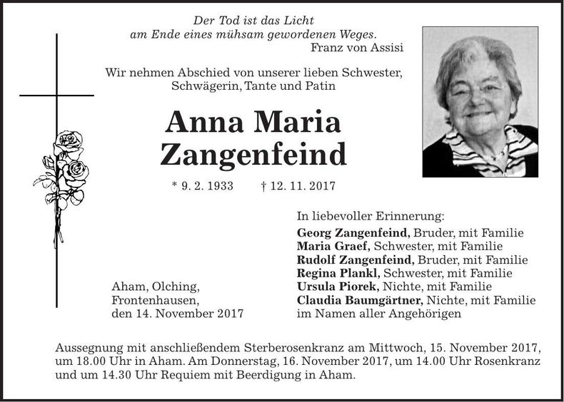 Traueranzeige Anna Maria Zangenfeind