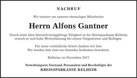 Traueranzeige Alfons Gantner