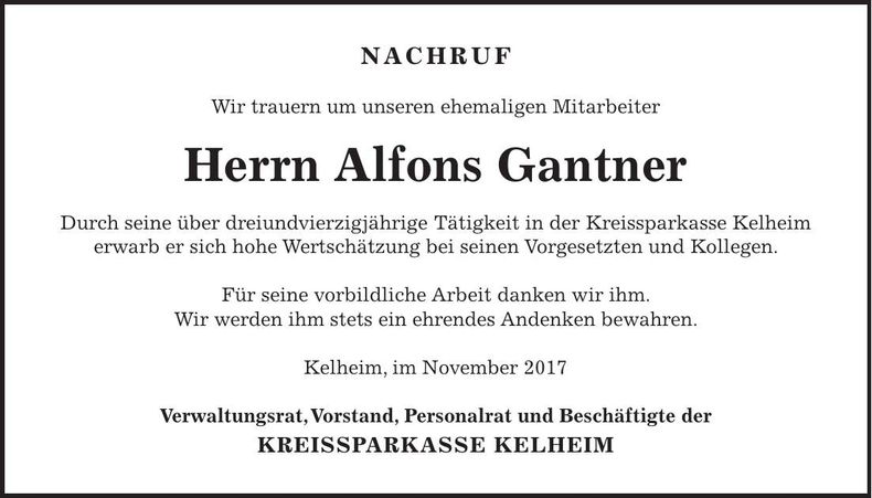 Traueranzeige Alfons Gantner
