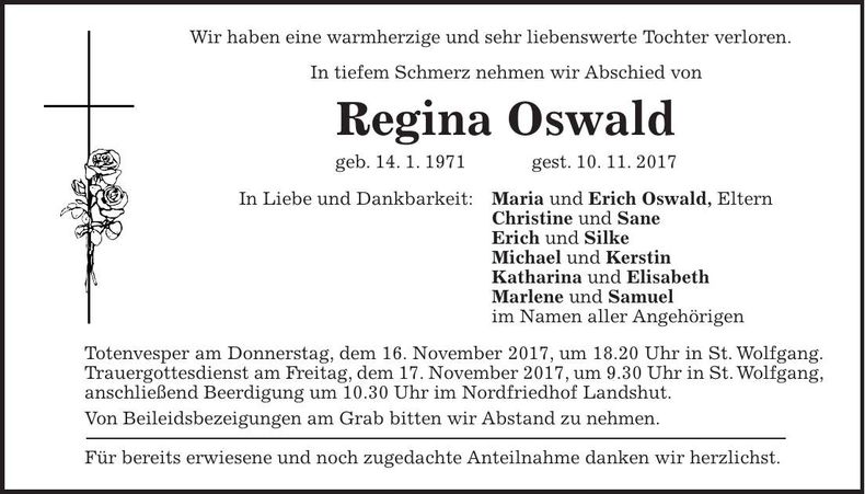 Traueranzeige Regina Oswald