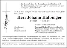 Traueranzeige Johann Halbinger