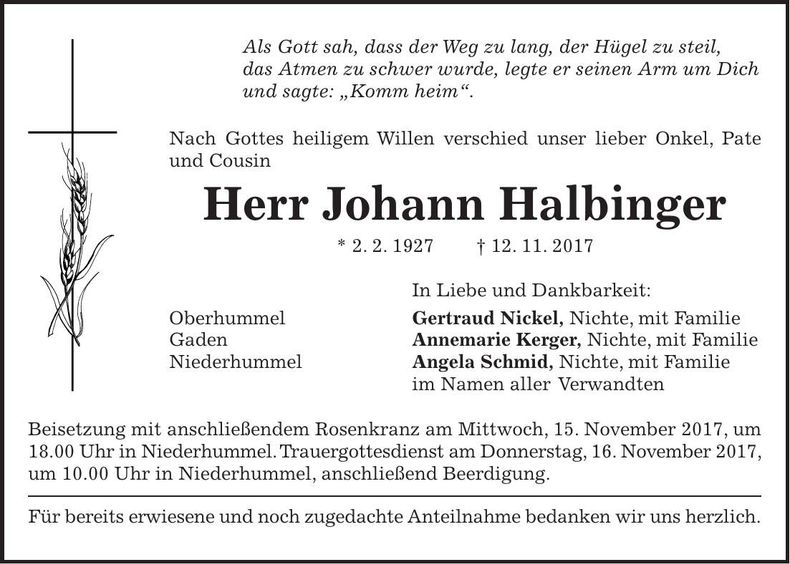 Traueranzeige Johann Halbinger