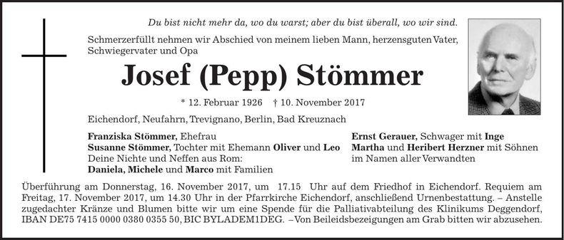 Traueranzeige Josef (Pepp) Stömmer