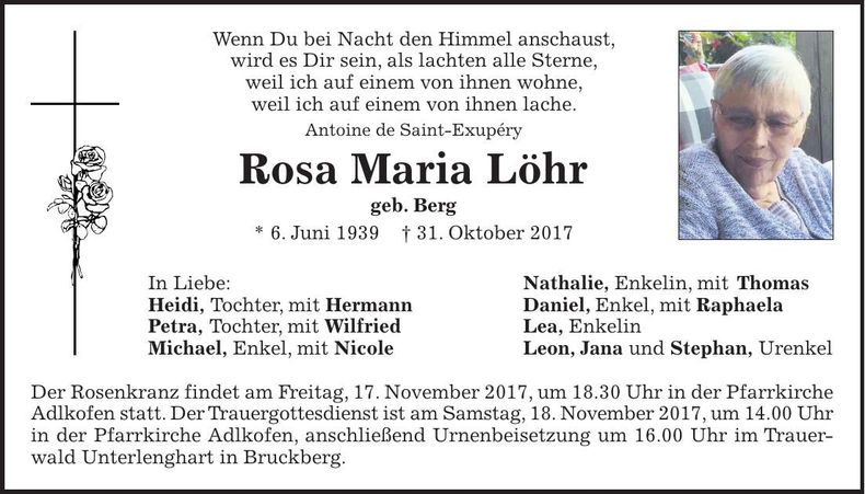 Traueranzeige Rosa Maria Löhr