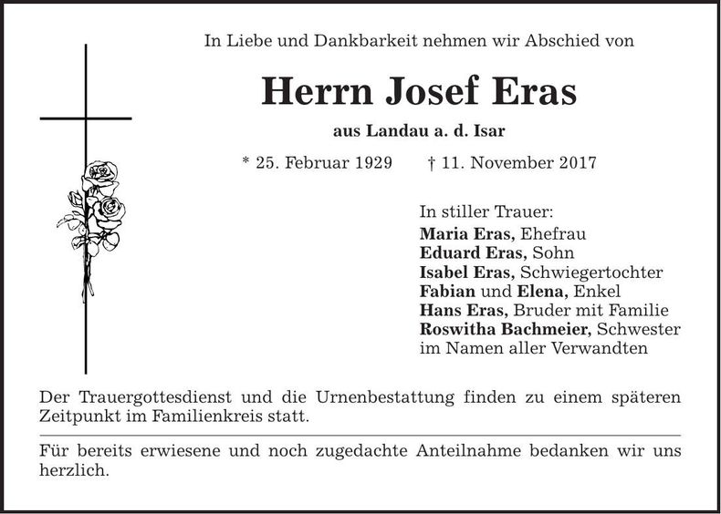 Traueranzeige Josef Eras