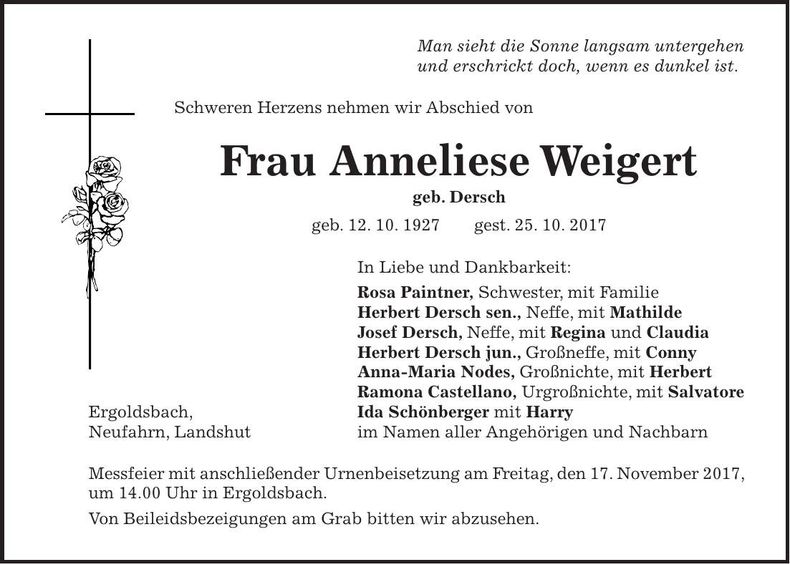 Traueranzeige Anneliese Weigert