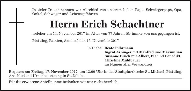 Traueranzeige Erich Schachtner