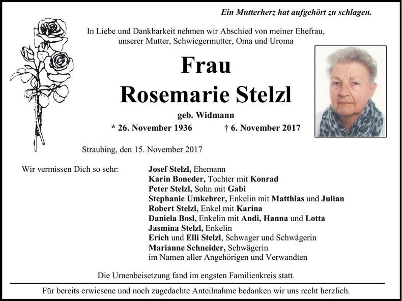Traueranzeige Rosemarie Stelzl