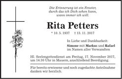 Traueranzeige Rita Petters