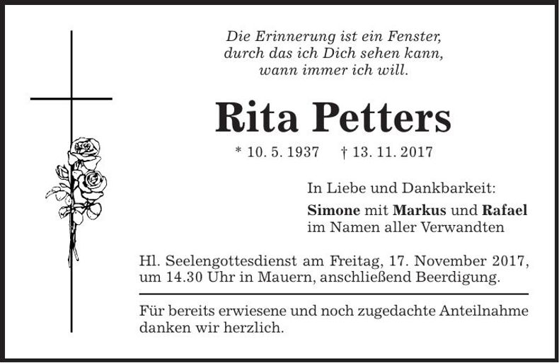Traueranzeige Rita Petters