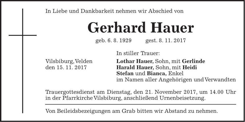 Traueranzeige Gerhard Hauer