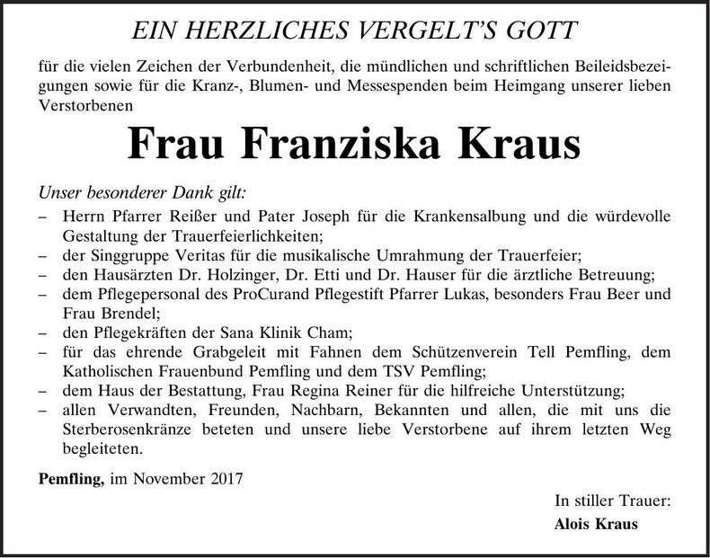Traueranzeige Franziska Kraus