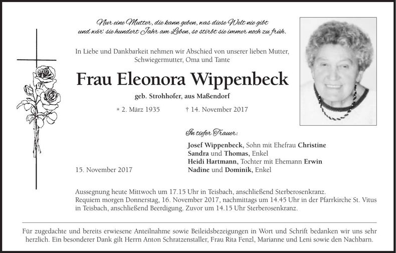 Traueranzeige Eleonore Wippenbeck