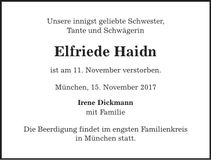 Traueranzeige Elfriede Haidn