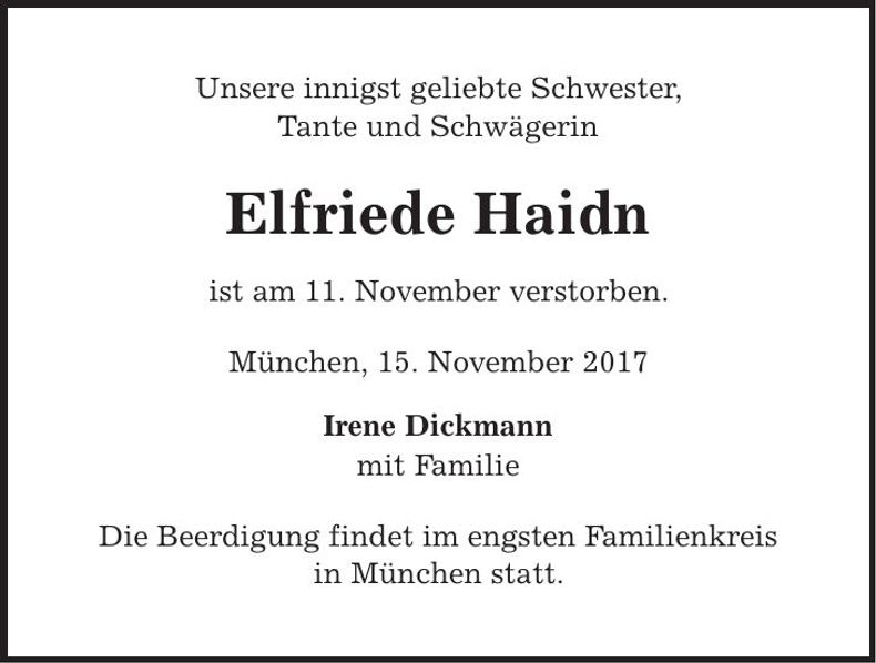 Traueranzeige Elfriede Haidn