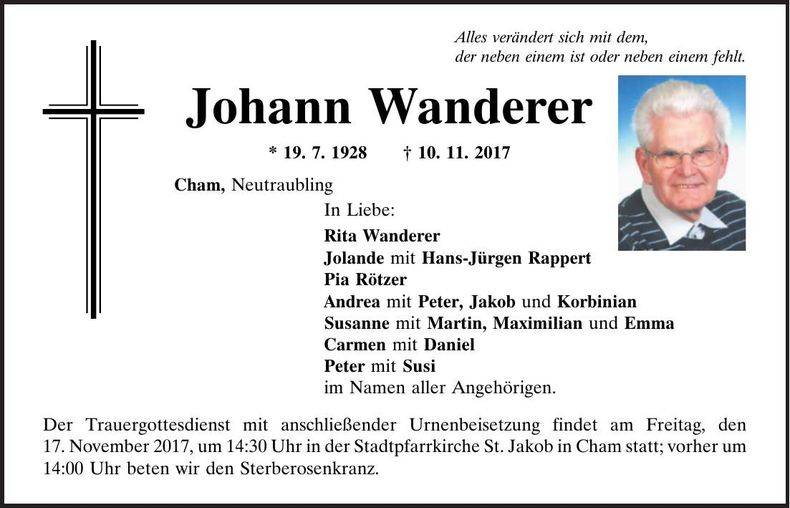 Traueranzeige Johann Wanderer