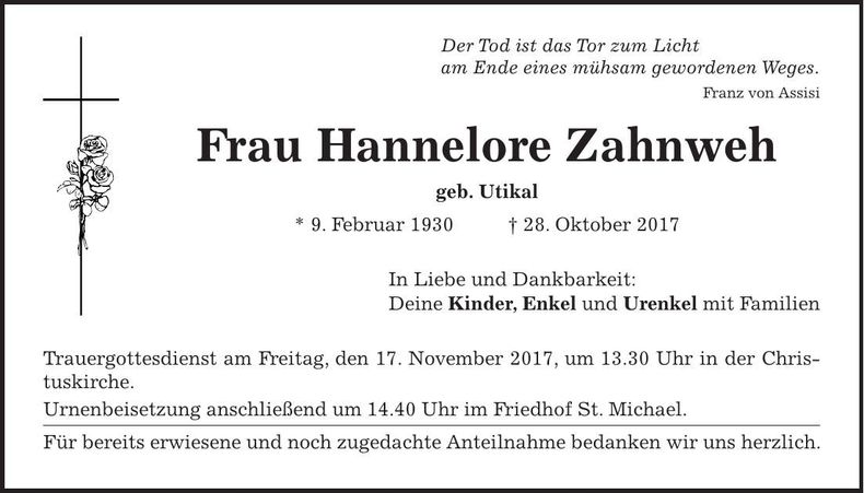 Traueranzeige Hannelore Zahnweh