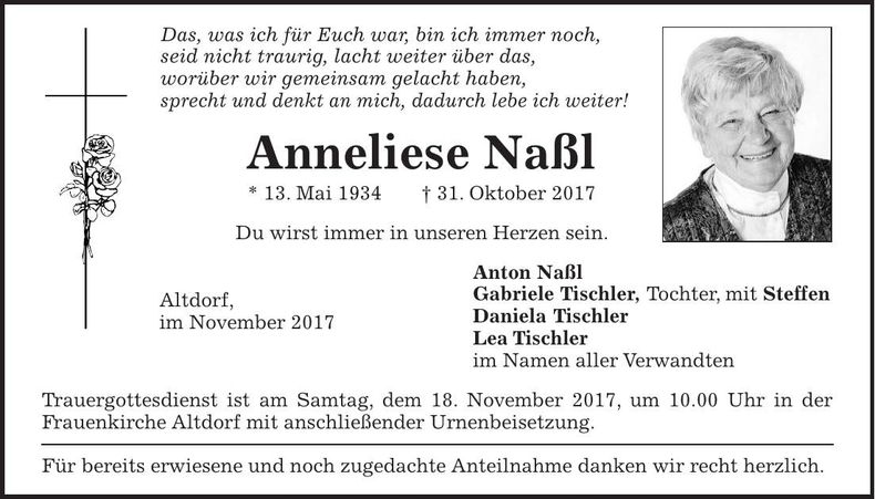 Traueranzeige Anneliese Naßl