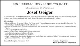 Traueranzeige Josef Geiger