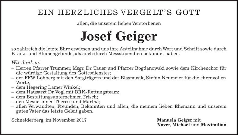 Traueranzeige Josef Geiger