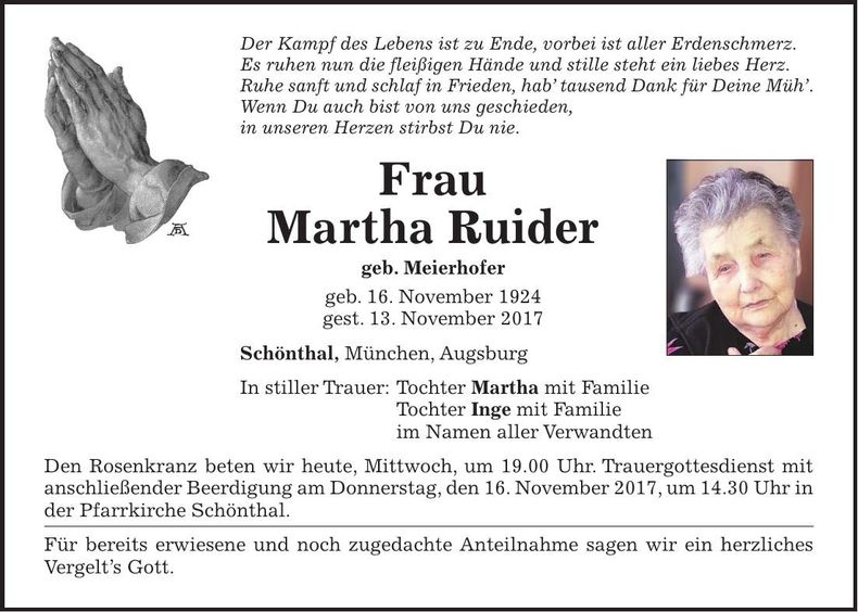 Traueranzeige Martha Ruider