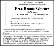 Traueranzeige Renate Schwarz