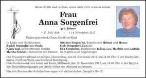 Traueranzeige Anna Sorgenfrei