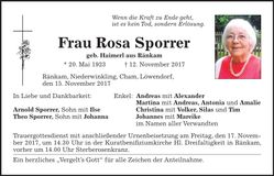 Traueranzeige Rosa Sporrer