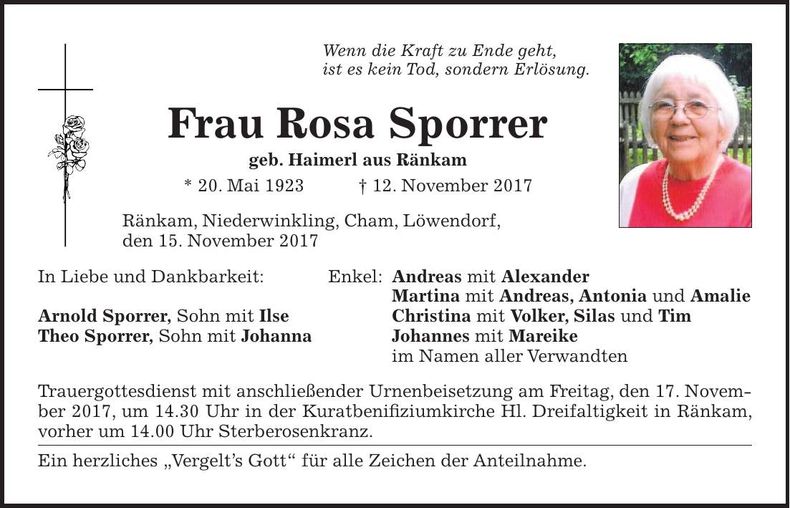 Traueranzeige Rosa Sporrer